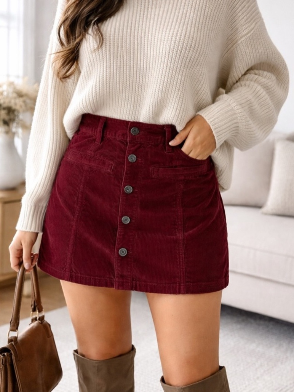 American Eagle Burgundy Corduroy Mini Skirt 100% Cotton Size 6